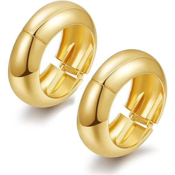 2Pcs Gold Chunky Cuff Bracelets for Women Adjustable Bangle Gold Plated - Picture 1 of 8